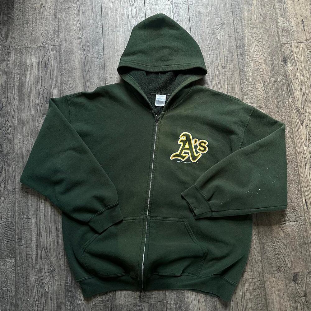 Vintage Faded 00s MLB Oakland Athletics Green Baseball Cotton Zip Up Hoodie